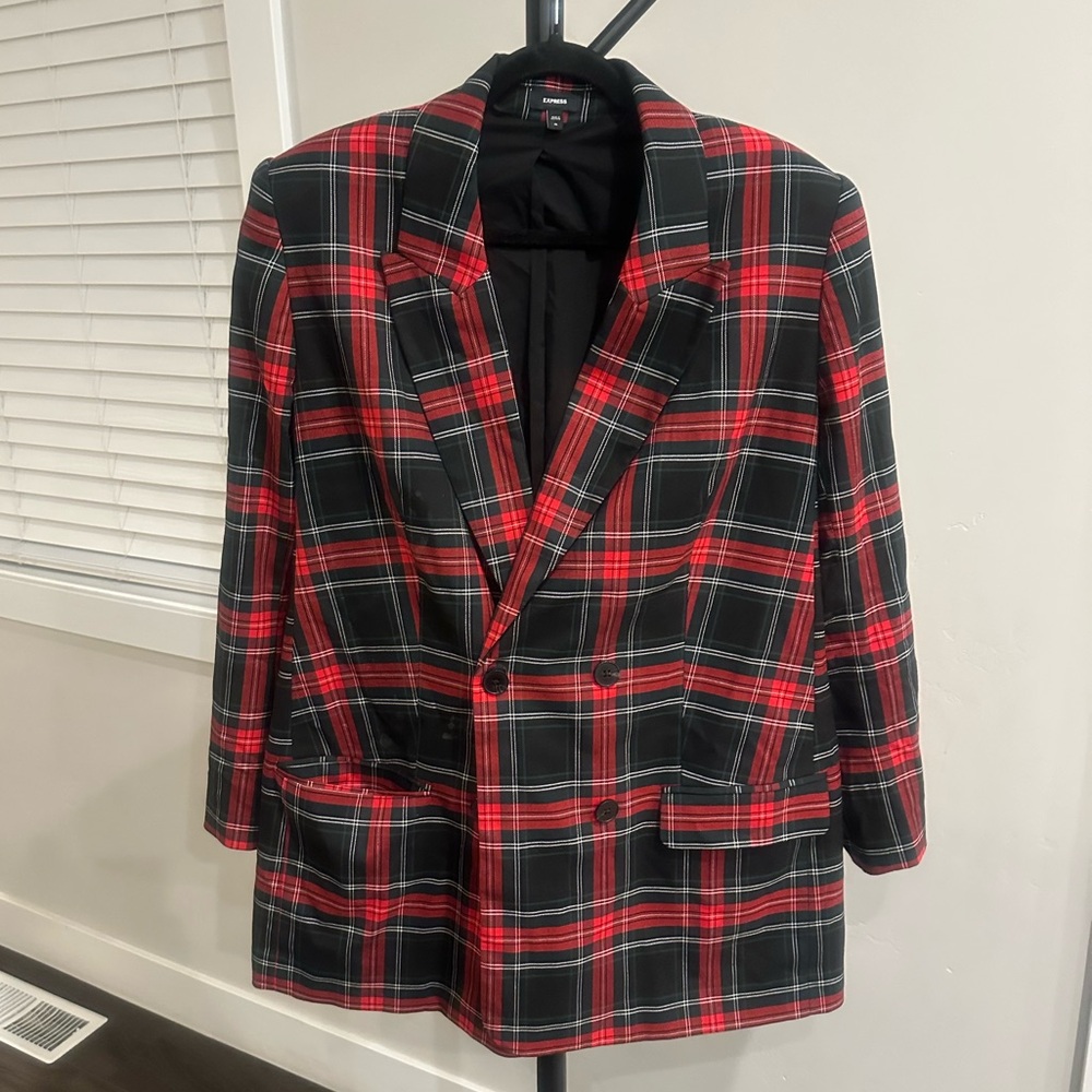 Express Red & Black Plaid Double-Breasted Blazer